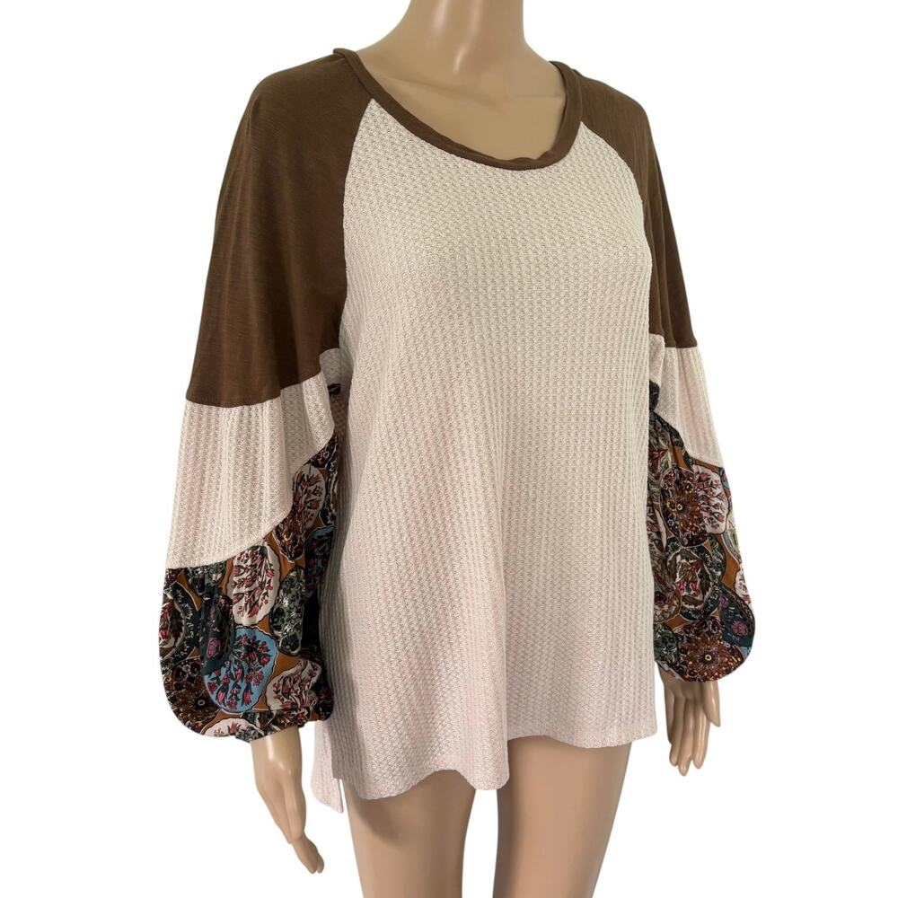 UMGEE Boho Waffle Knit Top M Oversized Lagenlook Balloon Sleeve Floral Patchwork - Picture 3 of 9